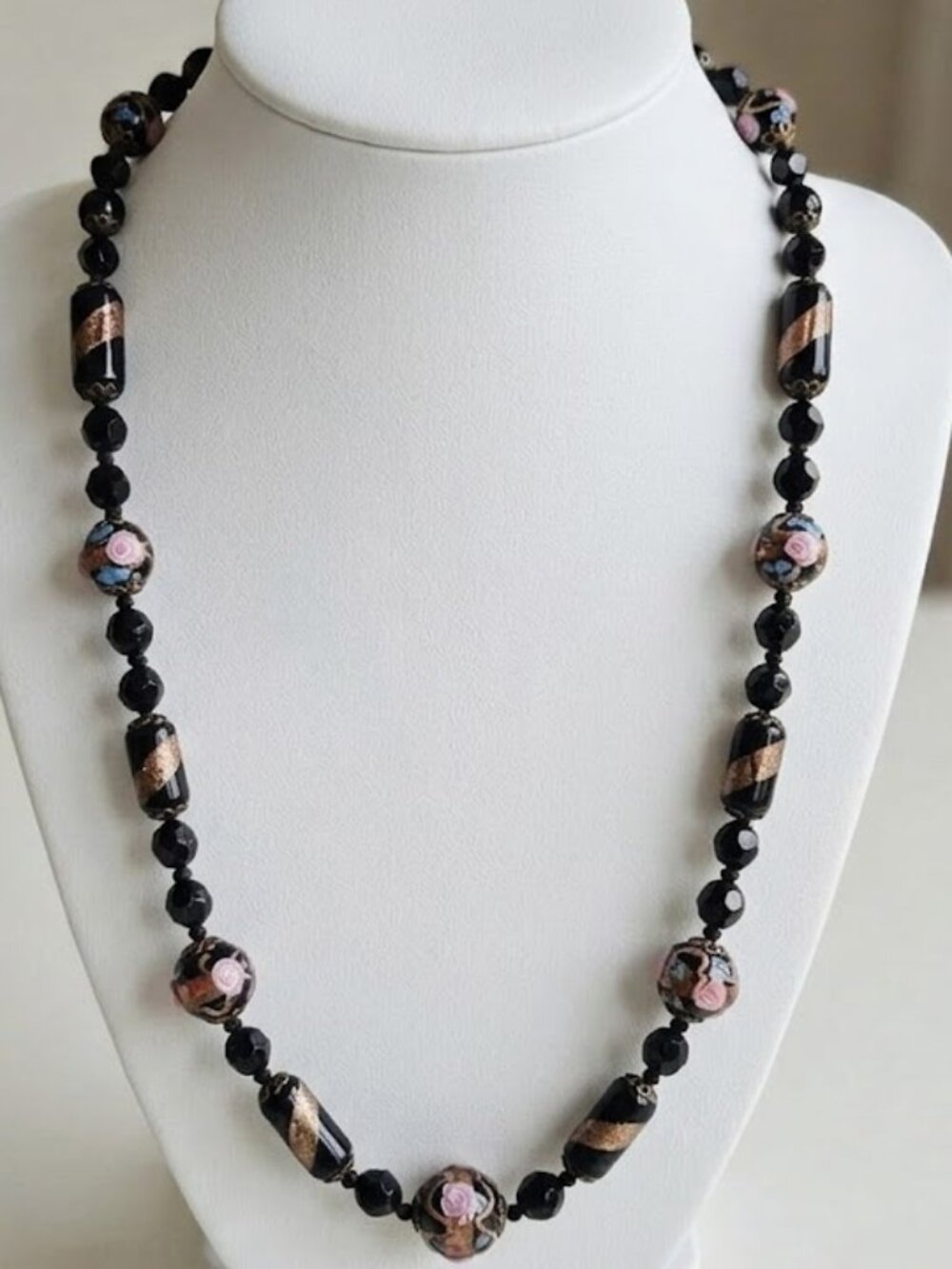Vintage Venetian Glass Wedding Cake Bead Necklace 2 Strand Black Gold Aventurine